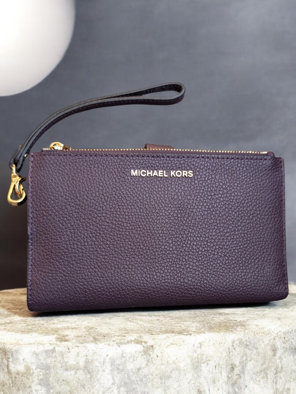 Michael Kors Plum Pebbled Leather Wristlet Clutch with Gold-Tone Logo